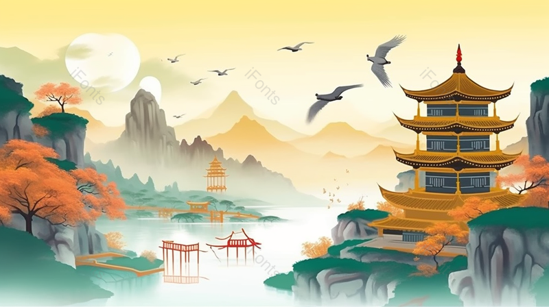 国潮风太阳下的黄鹤楼地标建筑上空飞鸟过山水插画,插画/手绘图,插画/手绘图库,插画/手绘图下载,插画/手绘